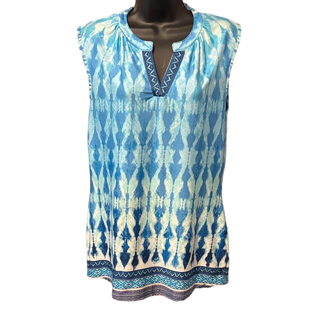 New Directions Blue and White Sleeveless Tunic Blouse Size M